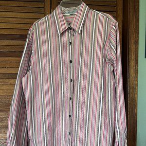 Foxcroft women's tan,white,salmon striped button down shirt-Size 8-long sleeve